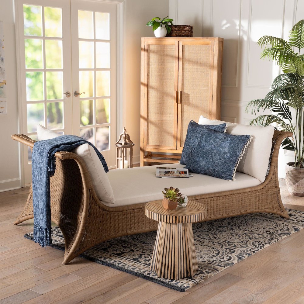 Natural Rattan Daybed with Cushions - Coastal Boho Indoor Lounge Sofa Bench