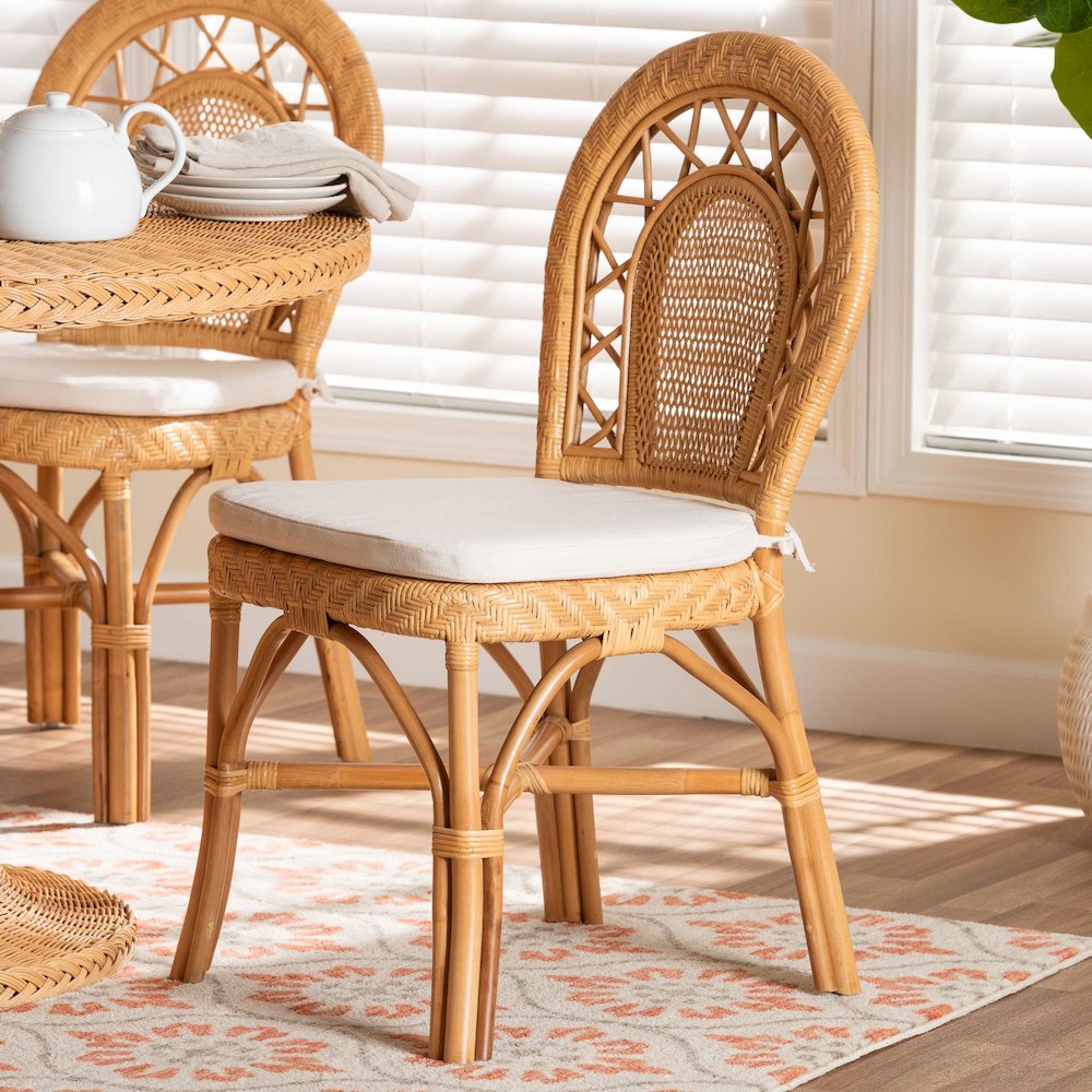 Natural Rattan Dining Chair with Curved Backrest and Removable Cushion