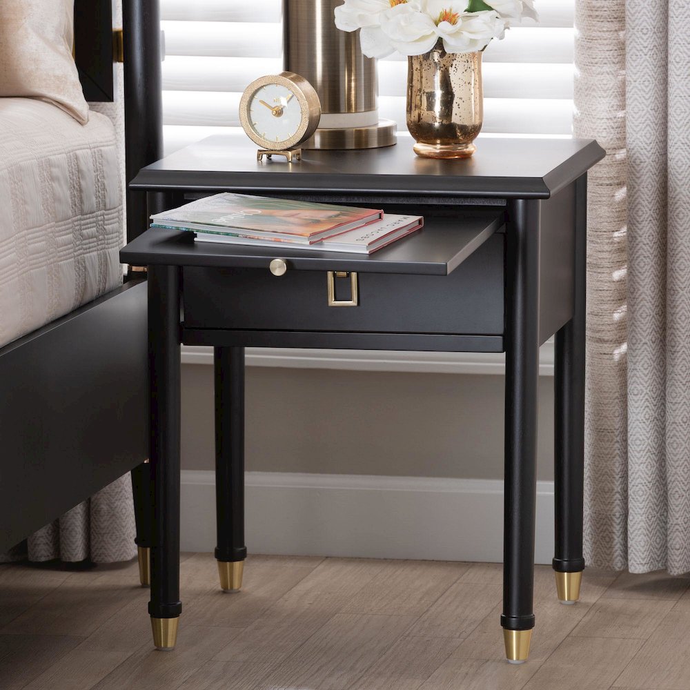 Black Wood Nightstand with Pullout Shelf - Modern Transitional Bedside Table