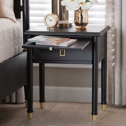 Black Wood Nightstand with Pullout Shelf - Modern Transitional Bedside Table