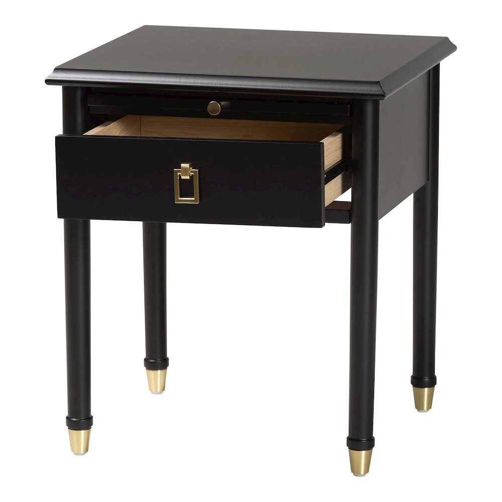 Black Wood Nightstand with Pullout Shelf - Modern Transitional Bedside Table