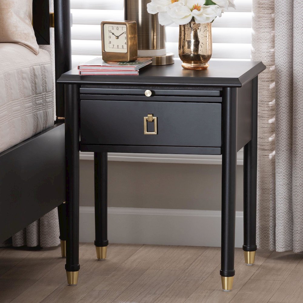 Black Wood Nightstand with Pullout Shelf - Modern Transitional Bedside Table
