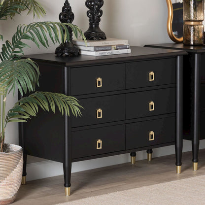Black Wood Chest with Drawers with Metallic Accents, 6-Drawer