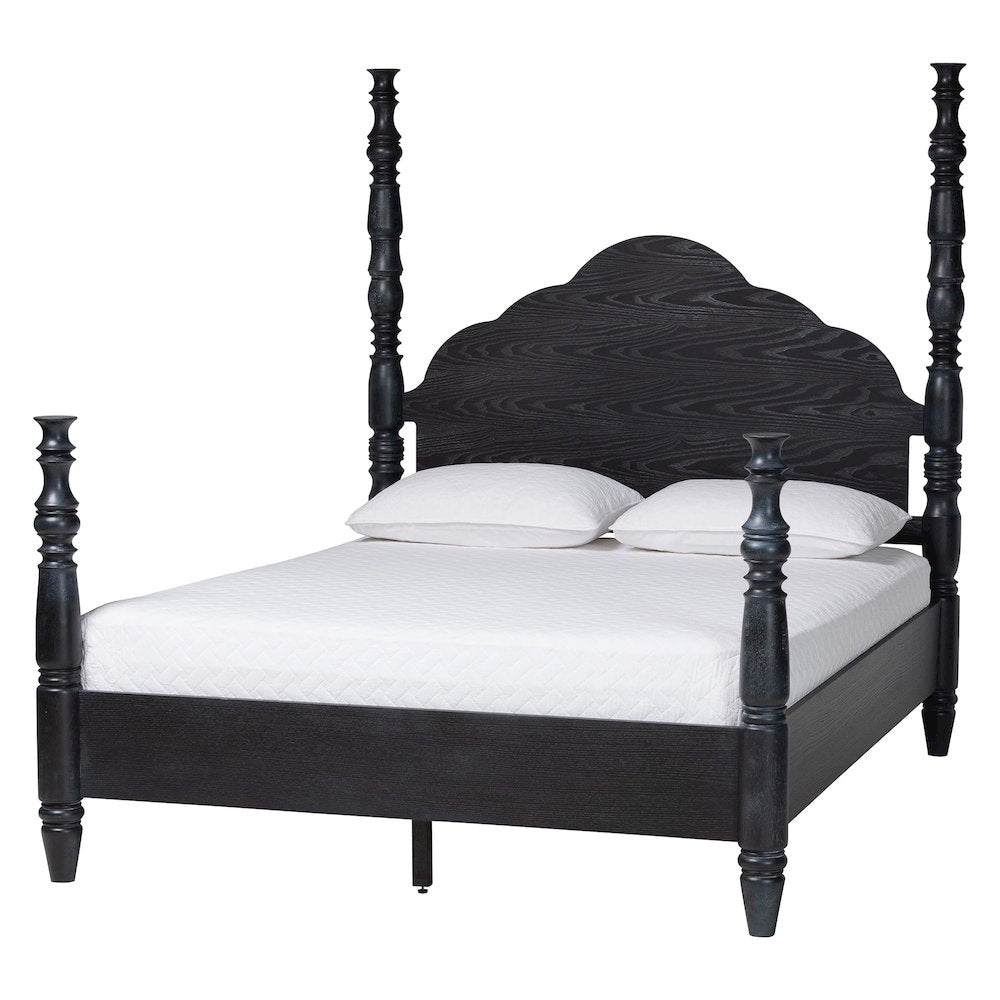 Four-Poster Platform Bed - Sculpted Post Bed Frame, Black, Queen
