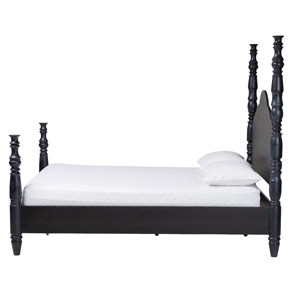 Four-Poster Platform Bed - Sculpted Post Bed Frame, Black, Queen
