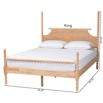 Four-Poster Platform Bed - Wooden Bed Frame, Natural Brown, Queen