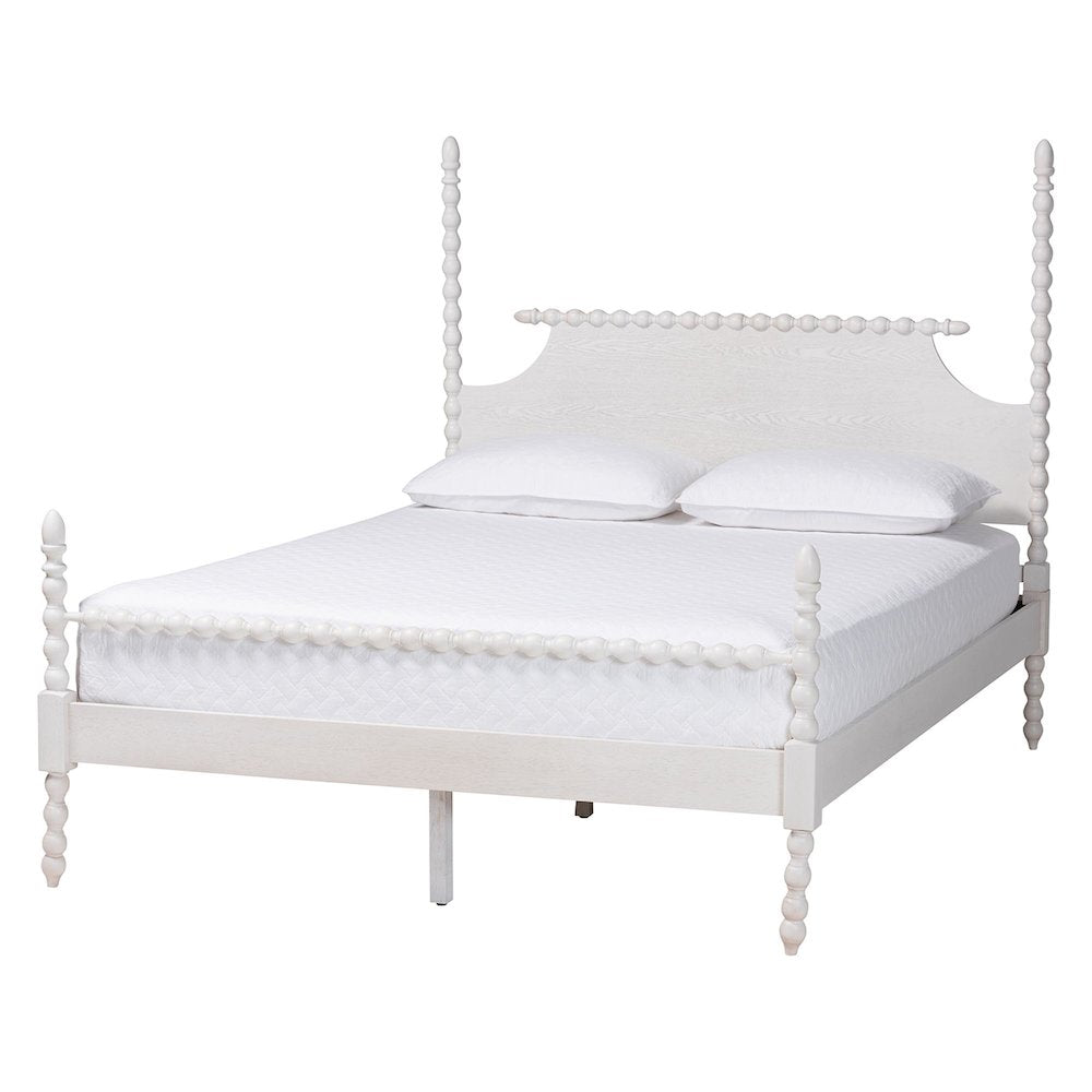 Four-Poster Platform Bed - Wooden Bed Frame, White, Queen
