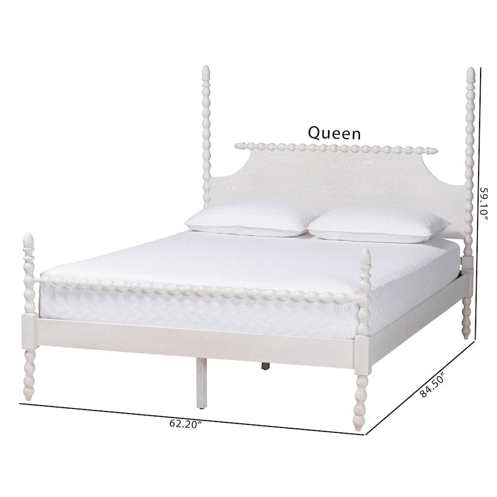 Four-Poster Platform Bed - Wooden Bed Frame, White, Queen