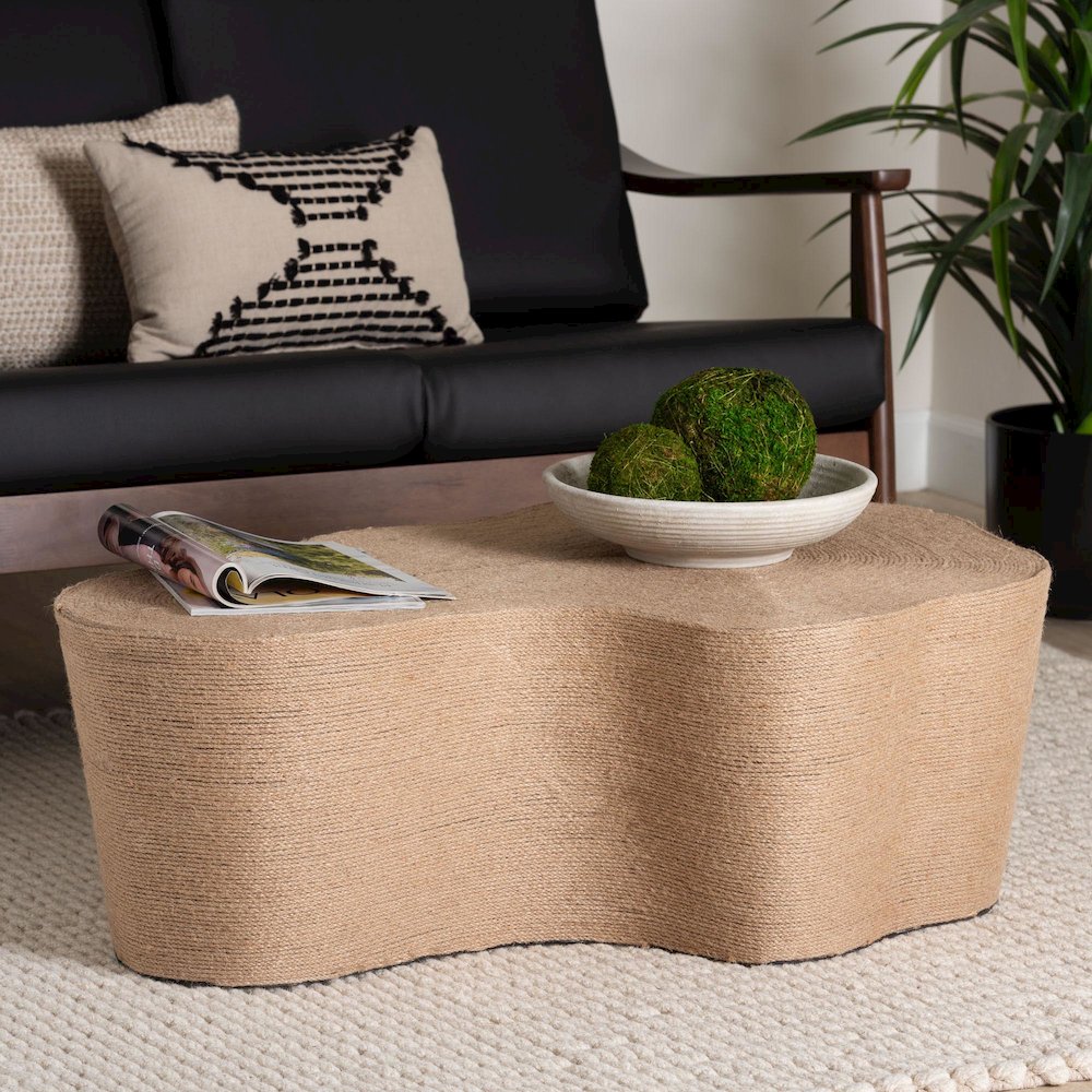 Natural Jute Coffee Table - Textured Handwoven Irregular Shape Cocktail Table
