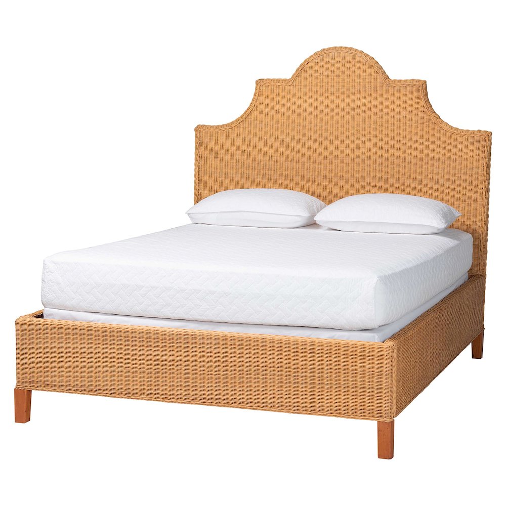 Natural Rattan Bed - Coastal Boho Bed Frame with Scalloped Headboard, Queen