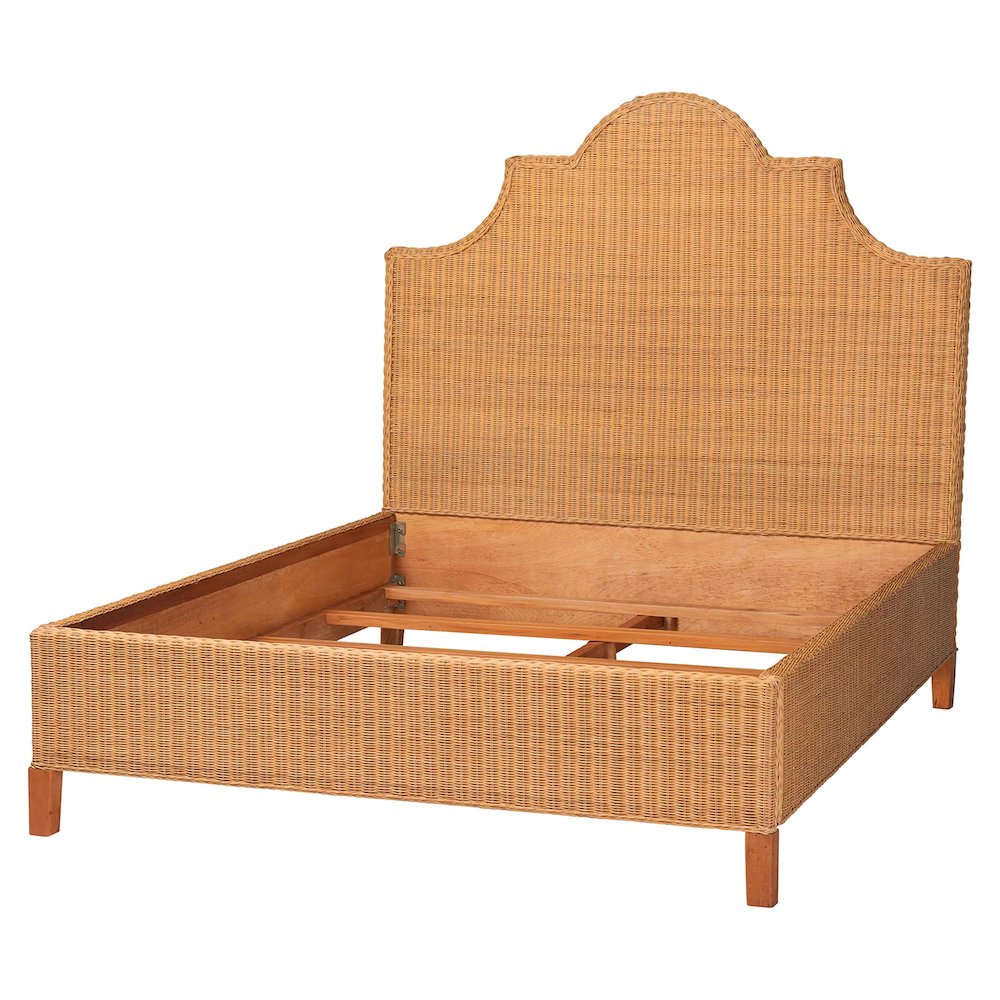 Natural Rattan Bed - Coastal Boho Bed Frame with Scalloped Headboard, Queen