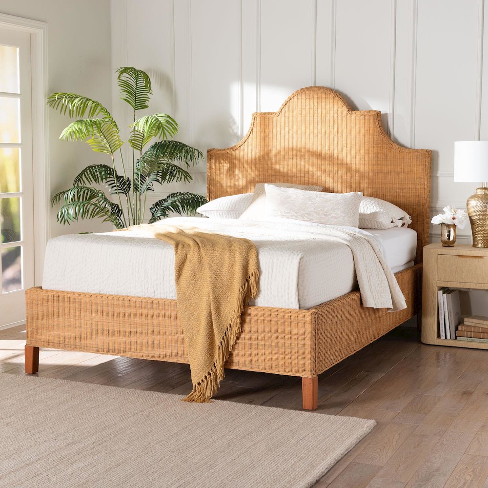 Natural Rattan Bed - Coastal Boho Bed Frame with Scalloped Headboard, Queen
