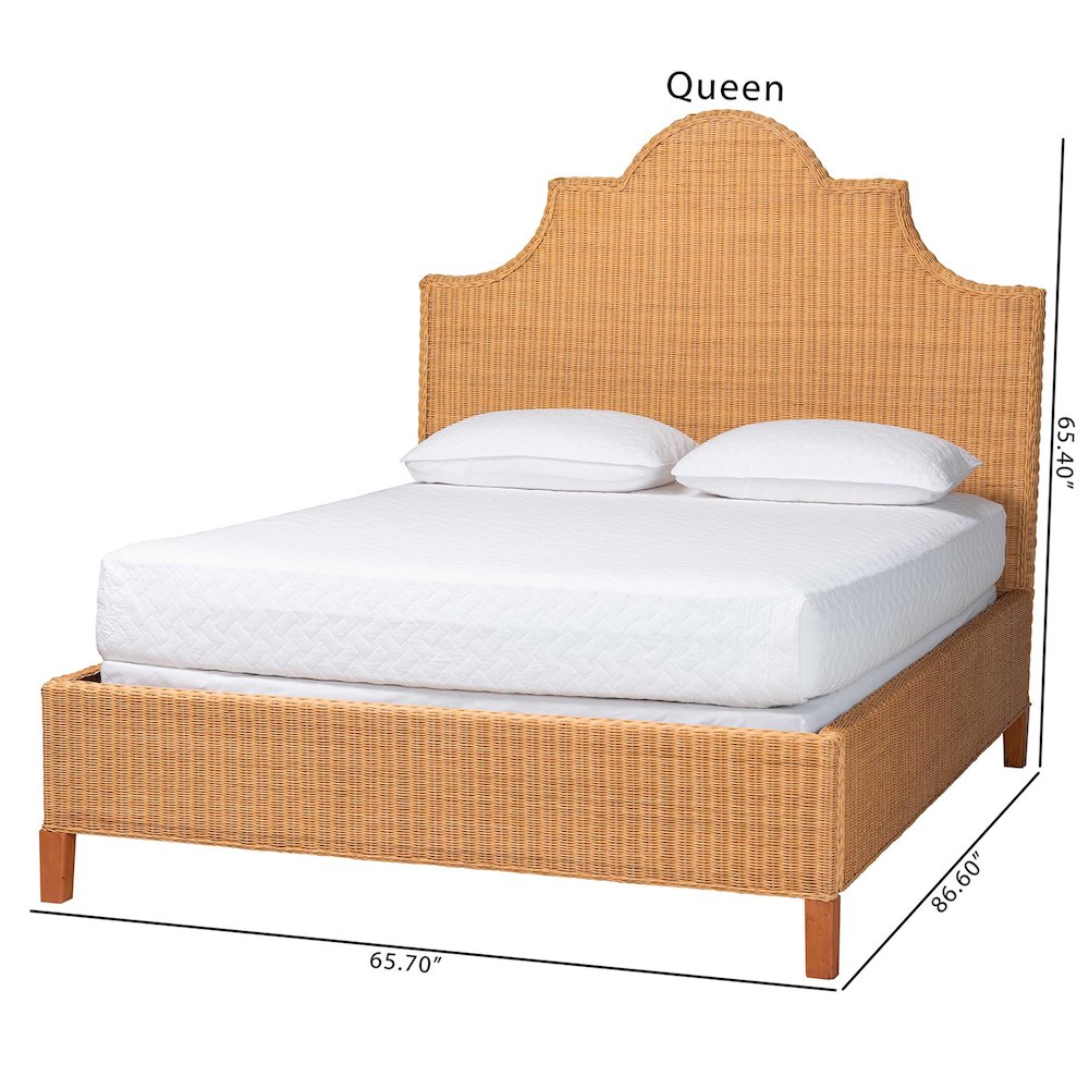 Natural Rattan Bed - Coastal Boho Bed Frame with Scalloped Headboard, Queen