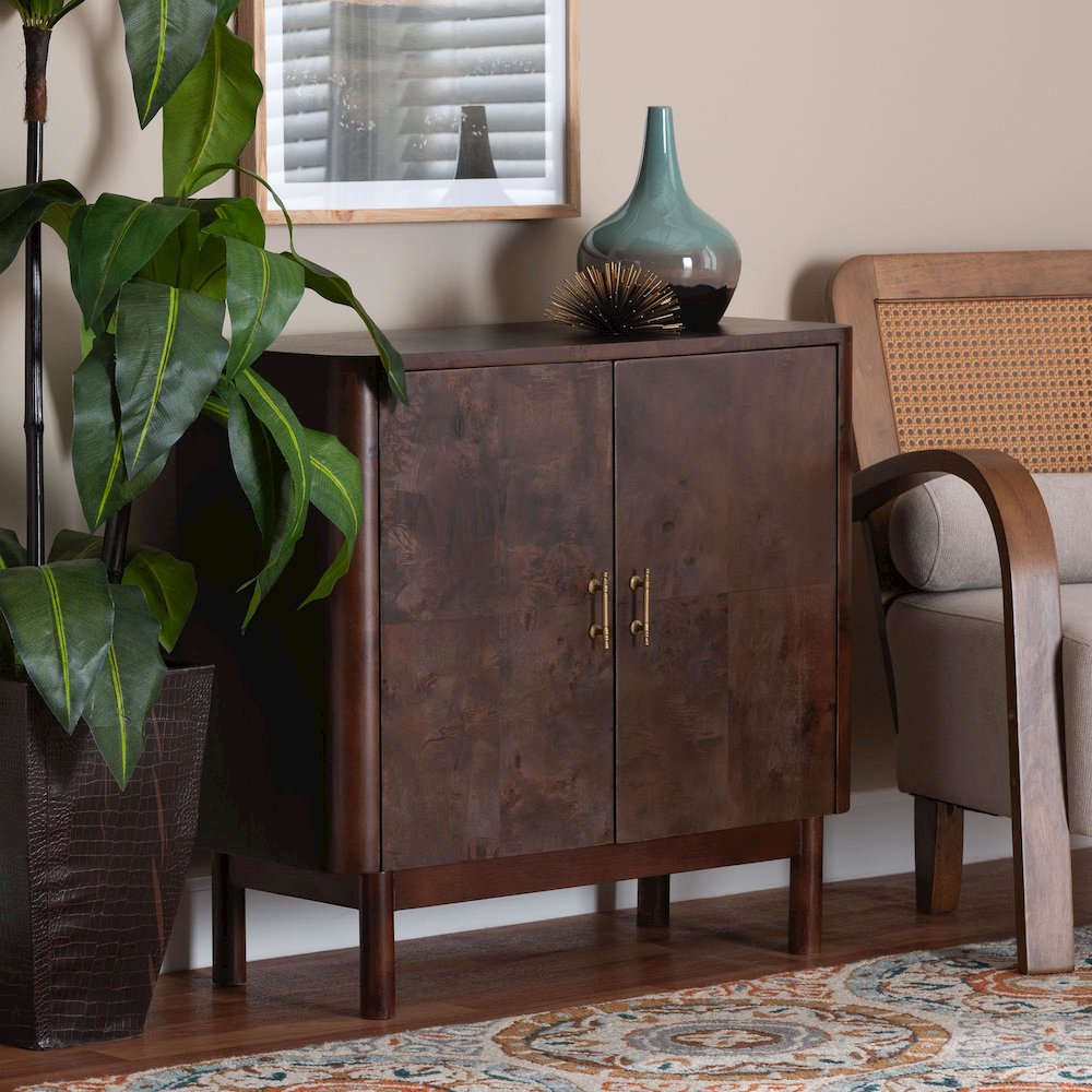 Latika Real Burl Wood Storage Cabinet in Dark Walnut Brown