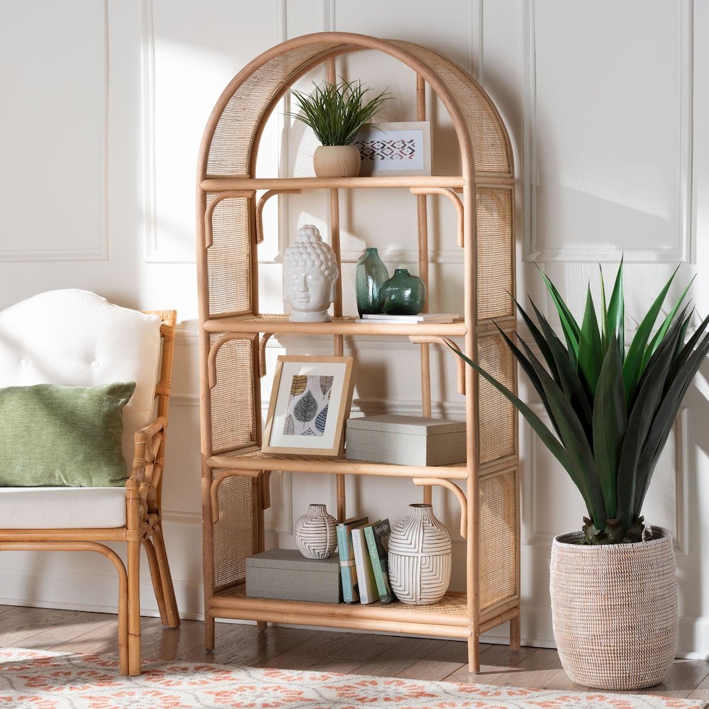 Natania Natural Rattan 4-Tier Display Shelf - Handwoven Arched Bookcase