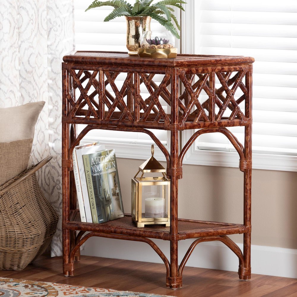 Gaspar Marbled Tortoise Natural Rattan Console Table - Handcrafted Accent Table