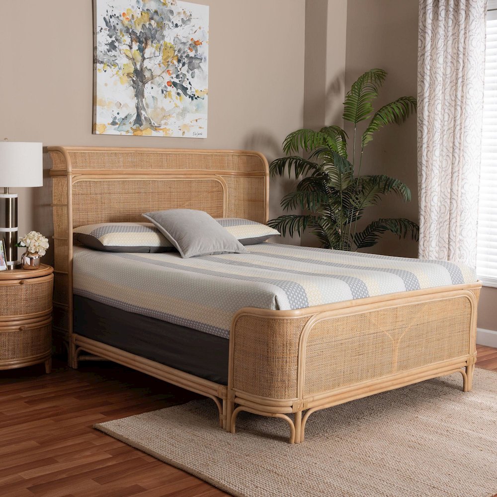 Rattan Bed Frame - Handwoven Wicker Headboard and Footboard, Queen