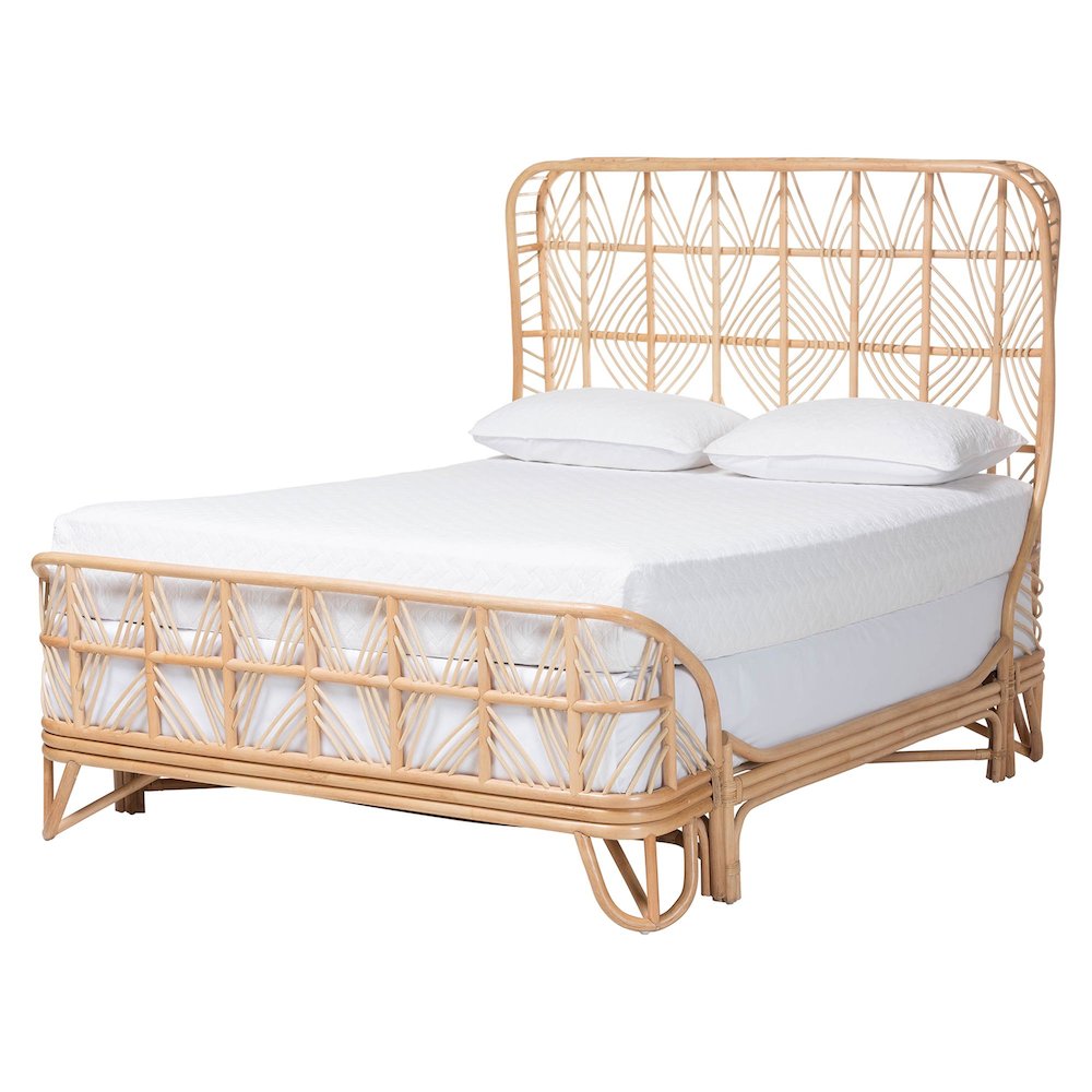 Rattan Bed Frame with Openwork Geometry Headboard and Footboard, Queen