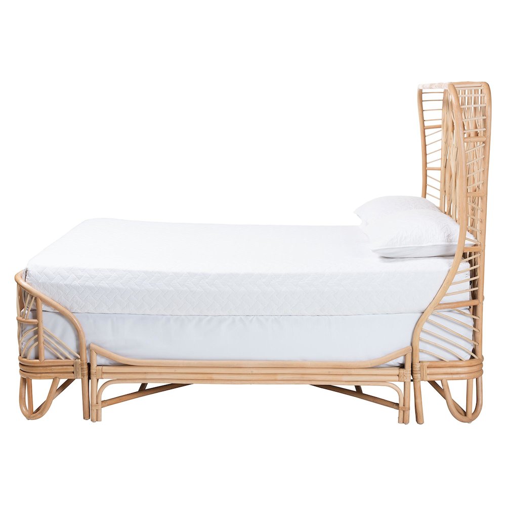Rattan Bed Frame with Openwork Geometry Headboard and Footboard, Queen