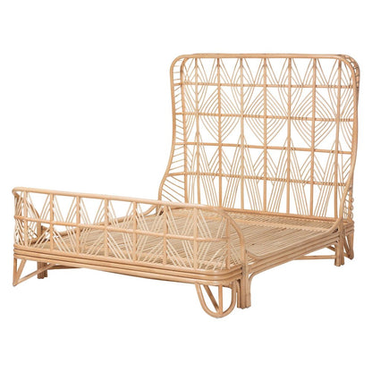 Rattan Bed Frame with Openwork Geometry Headboard and Footboard, Queen