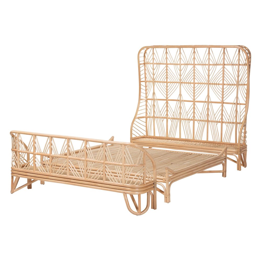 Rattan Bed Frame with Openwork Geometry Headboard and Footboard, Queen