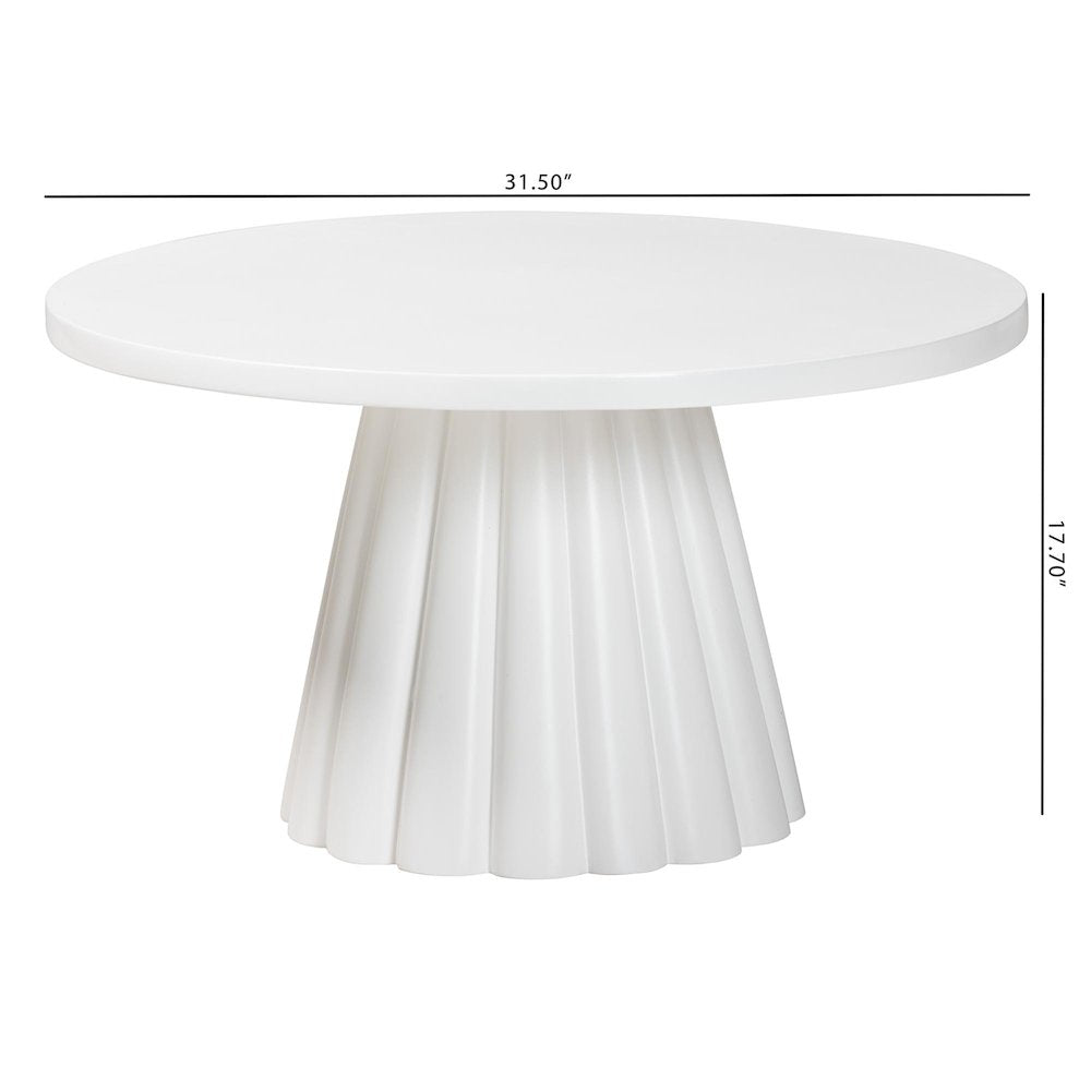Round Coffee Table with Fluted Pedestal Base - White Resin Accent Table