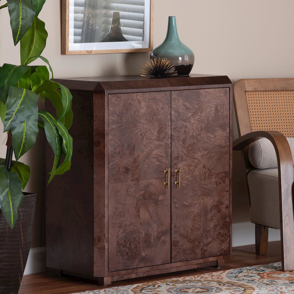 Valora Real Burl Wood Storage Cabinet in Dark Walnut Brown