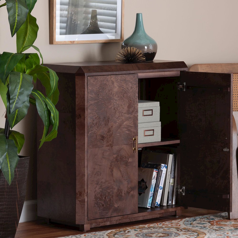 Valora Real Burl Wood Storage Cabinet in Dark Walnut Brown