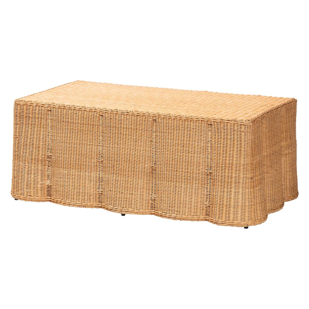 Scalloped Rattan Coffee Table - Handwoven Wicker Rectangle Accent Table
