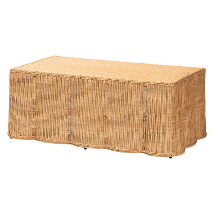 Scalloped Rattan Coffee Table - Handwoven Wicker Rectangle Accent Table