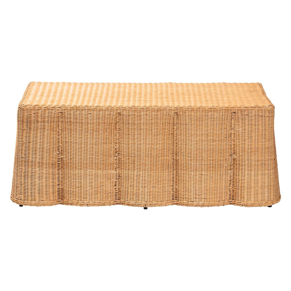 Scalloped Rattan Coffee Table - Handwoven Wicker Rectangle Accent Table