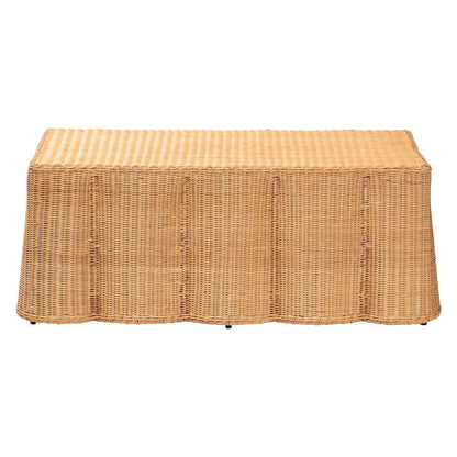 Scalloped Rattan Coffee Table - Handwoven Wicker Rectangle Accent Table