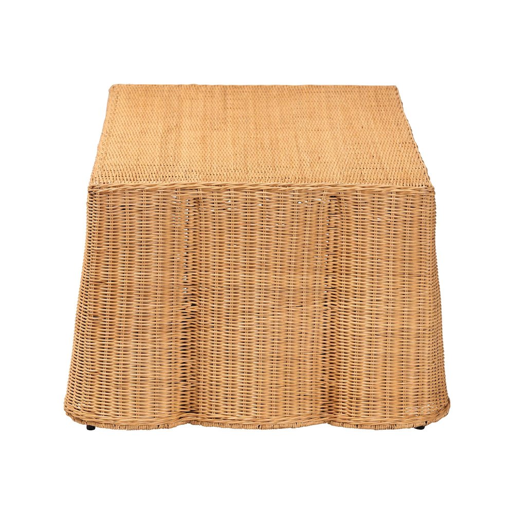 Scalloped Rattan Coffee Table - Handwoven Wicker Rectangle Accent Table