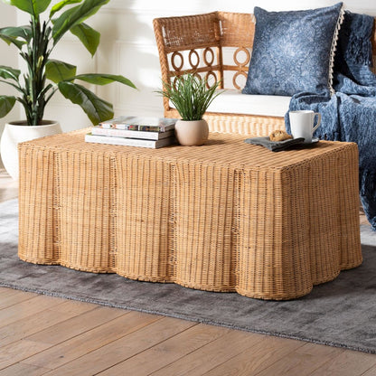 Scalloped Rattan Coffee Table - Handwoven Wicker Rectangle Accent Table