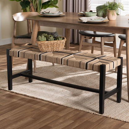 Woven Paper Loom Bench with Mahogany Wood Frame - Handcrafted Accent Seating