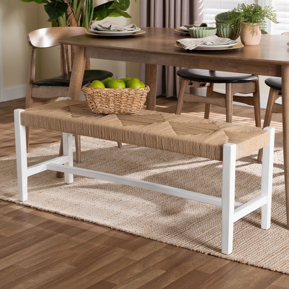 Woven Paper Loom Bench with Mahogany Wood Frame - Handcrafted Accent Seating