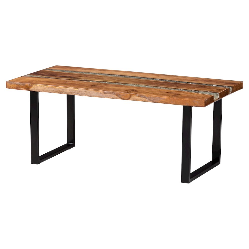 Coffee Table with Glass Inlay - Rectangular Live Edge Teak wood Accent Table