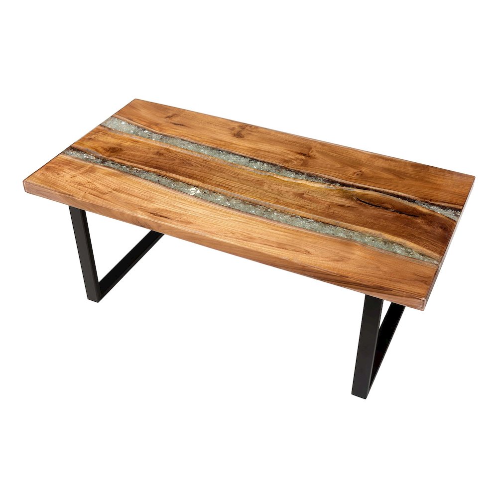 Coffee Table with Glass Inlay - Rectangular Live Edge Teak wood Accent Table