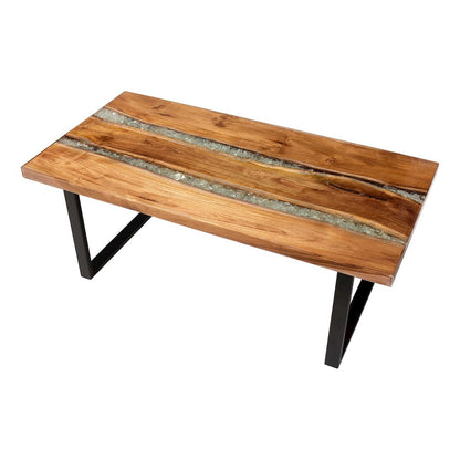 Coffee Table with Glass Inlay - Rectangular Live Edge Teak wood Accent Table