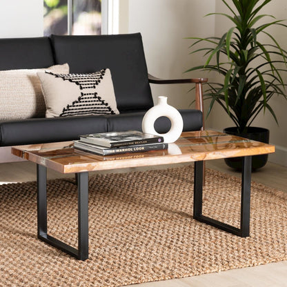 Coffee Table with Glass Inlay - Rectangular Live Edge Teak wood Accent Table
