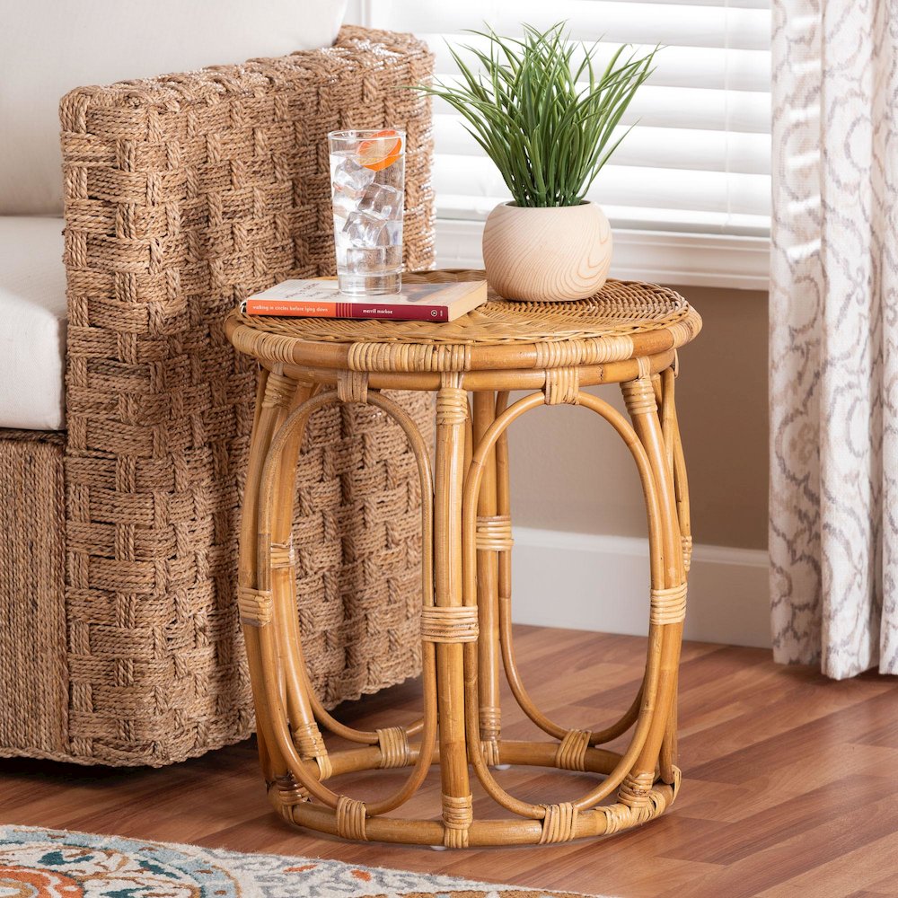Jayana Natural Rattan Round End Table - Handwoven Wicker Accent Table