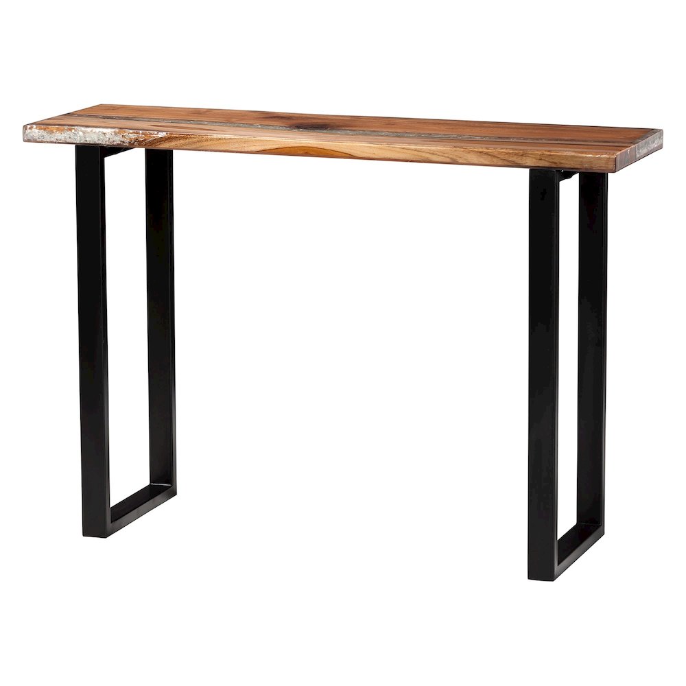 Console Table with Glass Inlay - Rectangular Live Edge Teak Wood Accent Table