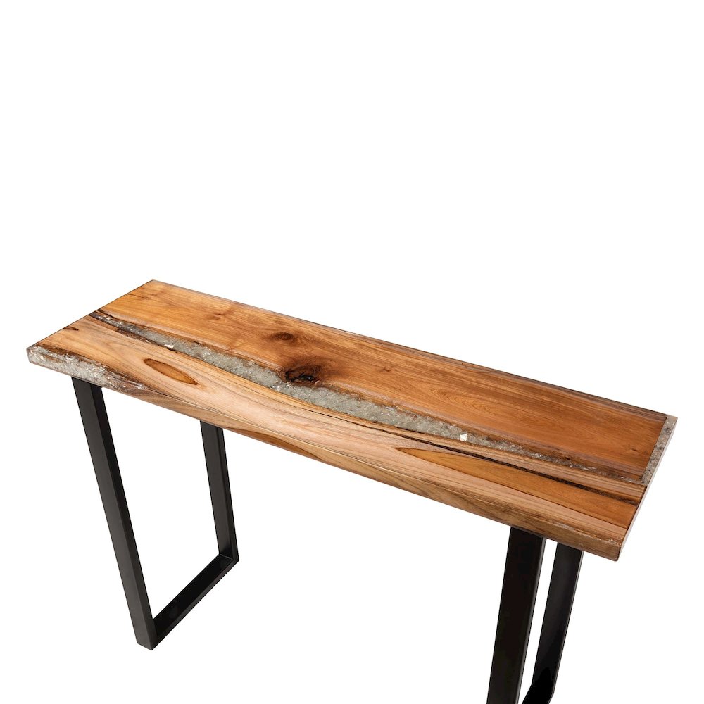 Console Table with Glass Inlay - Rectangular Live Edge Teak Wood Accent Table