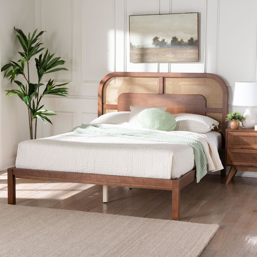 Wood Platform Bed - Low Profile Bed Frame, Decorative Rattan Weave Inlay, Queen