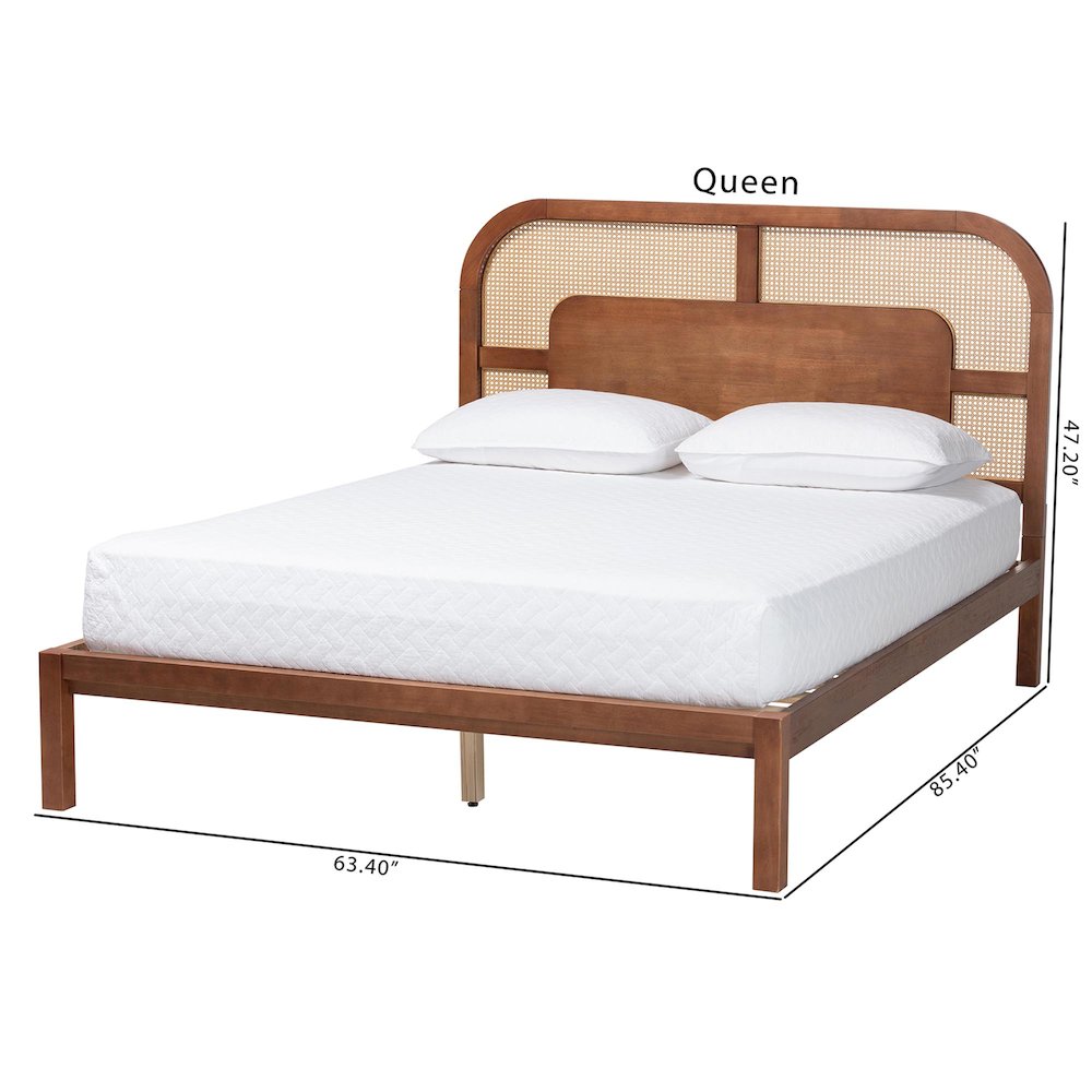 Wood Platform Bed - Low Profile Bed Frame, Decorative Rattan Weave Inlay, Queen