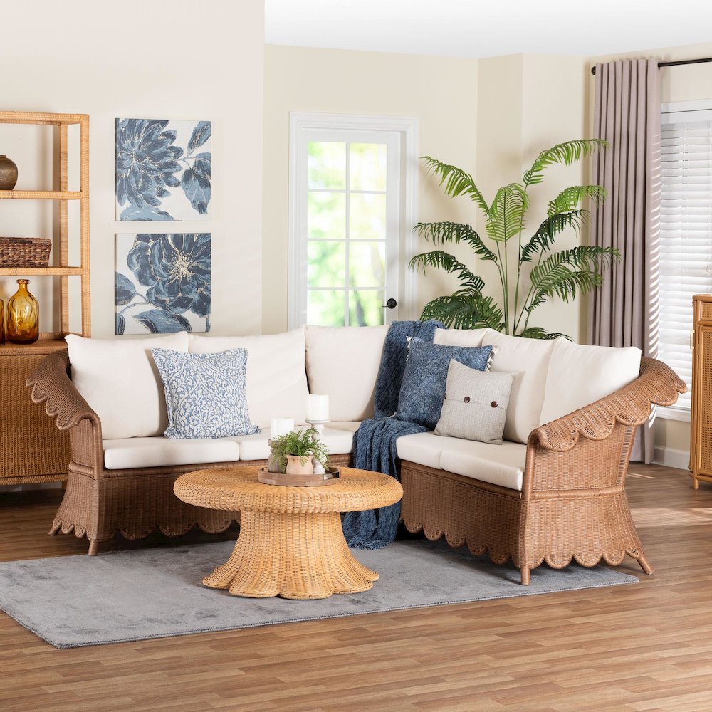 Natural Rattan 3-Piece Sectional Set - Handwoven Wicker Corner Lounge Seating