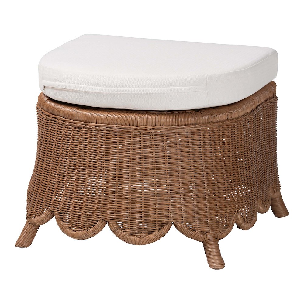 Natural Rattan Footstool with Cushion - Handwoven Wicker Ottoman