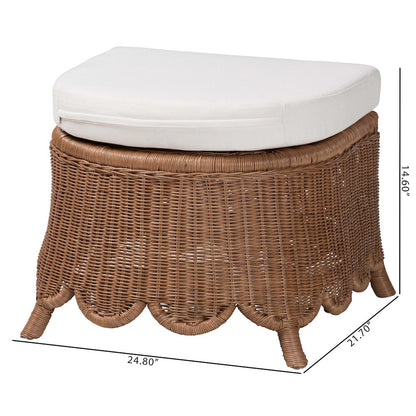 Natural Rattan Footstool with Cushion - Handwoven Wicker Ottoman
