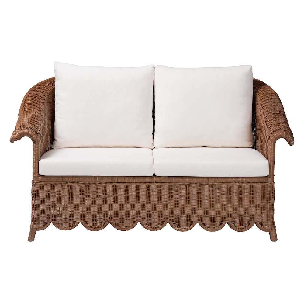Natural Rattan Loveseat with Cushion - Handwoven Wicker Settee