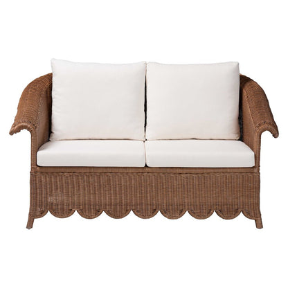 Natural Rattan Loveseat with Cushion - Handwoven Wicker Settee
